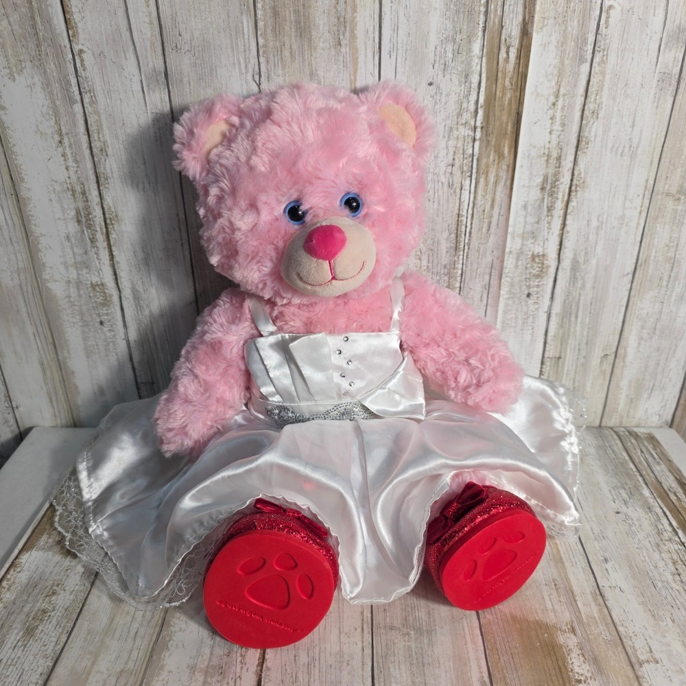 Build A Bear Workshop Pink Teddy Bear in White Satin Wedding Dress Red Shoes